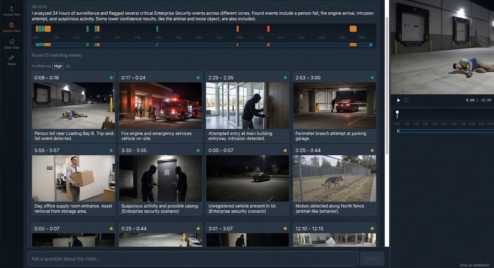 GuardMind Recall interface showing AI-powered video search results with thumbnails, timeline, confidence scores, and natural language descriptions